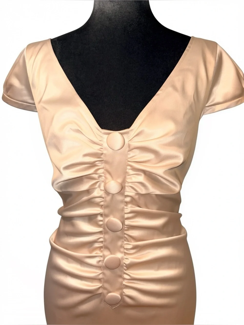 Ellen Tracy Champagne Satin Ruched Front V-Neck Cap Sleeve Sheath Dress